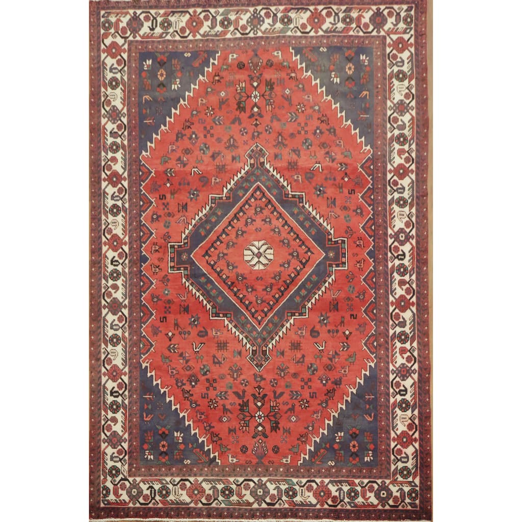Hand Knotted Oriental 100% Wool Carpet Traditional Tribal Red Shiraz Area Rug - 10' 0'' X 6' 7''