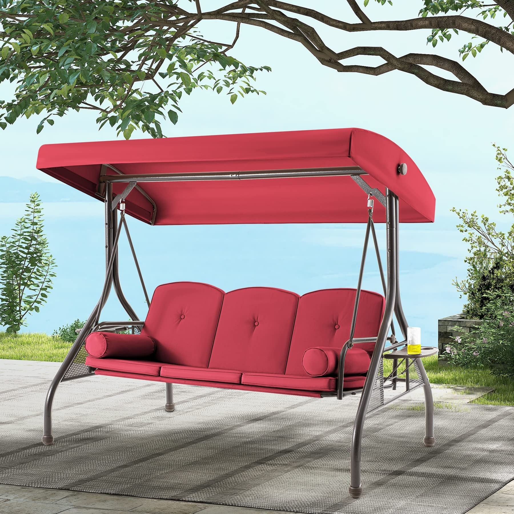3-Seat Outdoor Porch Swing with Adjustable Canopy & Stand, Convertible Bed, All-Weather, Thickened Cushions & Cup Holders