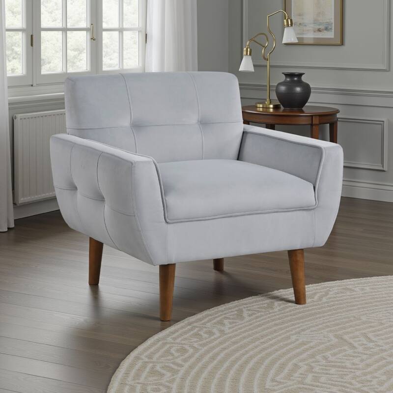 Roa Accent Armchair, Light Gray Velvet, Tufted Back w Tapered Legs