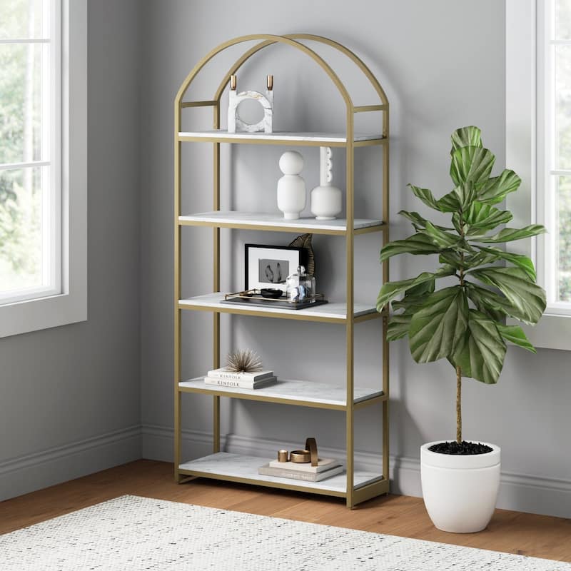 Nathan James Haven 5-Shelf Etagere Bookshelf with Arch Top - Marble/Gold