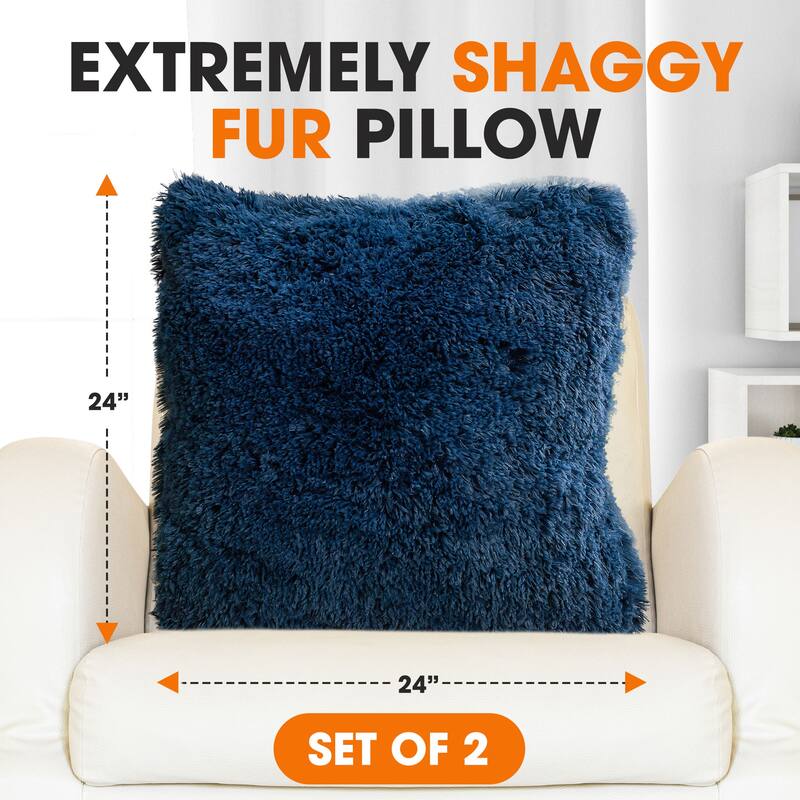 Cheer Collection Super Soft Shaggy Long Hair Throw Pillows Set of 2 Plush Accent Cushions
