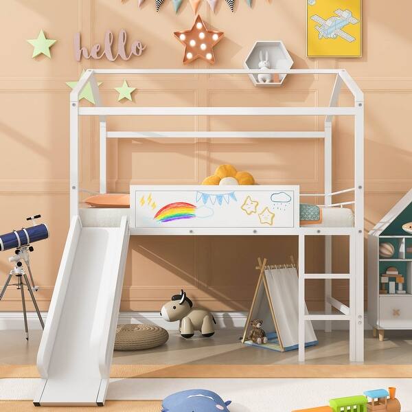 slide 2 of 37, Twin Size Metal Loft Bed w/ Slide & Two-sided Writable Wood Creative Board Creative House Bed No Box Spring Needed Easy Assembly White