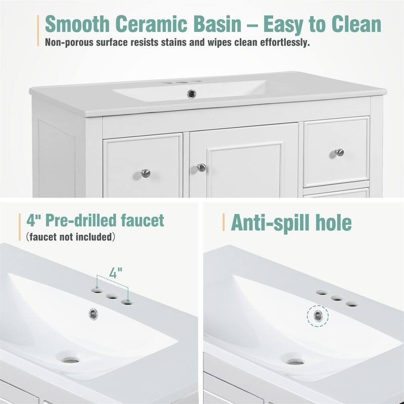36'' Bathroom Vanity Cabinet with Ceramic Sink, Freestanding Bathroom Vanity Cabinet with 4 Drawers, 1 Door and Adjustable Shelf