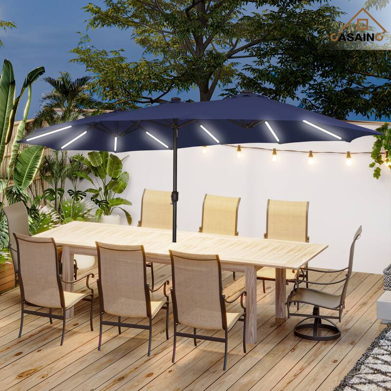 15 ft. Crank Double-sided Solar LED Ultra Lighted Outdoor Market Umbrella with Base Included