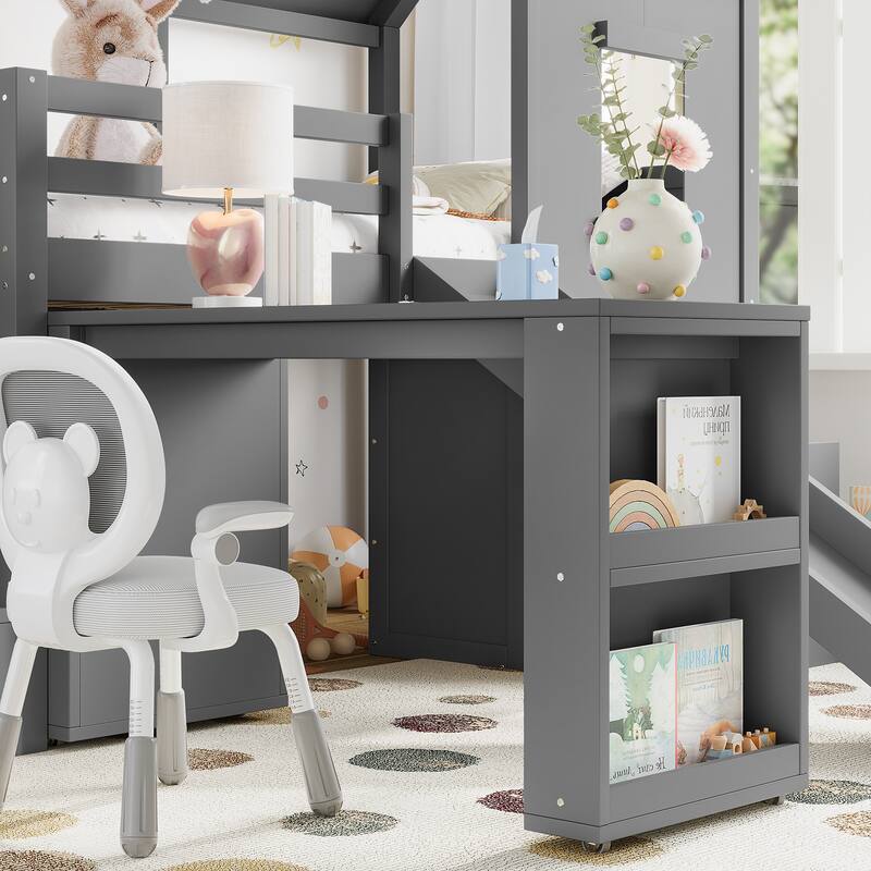 Twin Loft Bed with Storage Cabinets and Removable Desk, Kids House Loft Bed with Slide and Stairs, Childlike