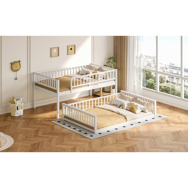 Roomfitters Full XL Over Queen Bunk Bed with Ladder and Guardrails, Solid Wood Frame, White