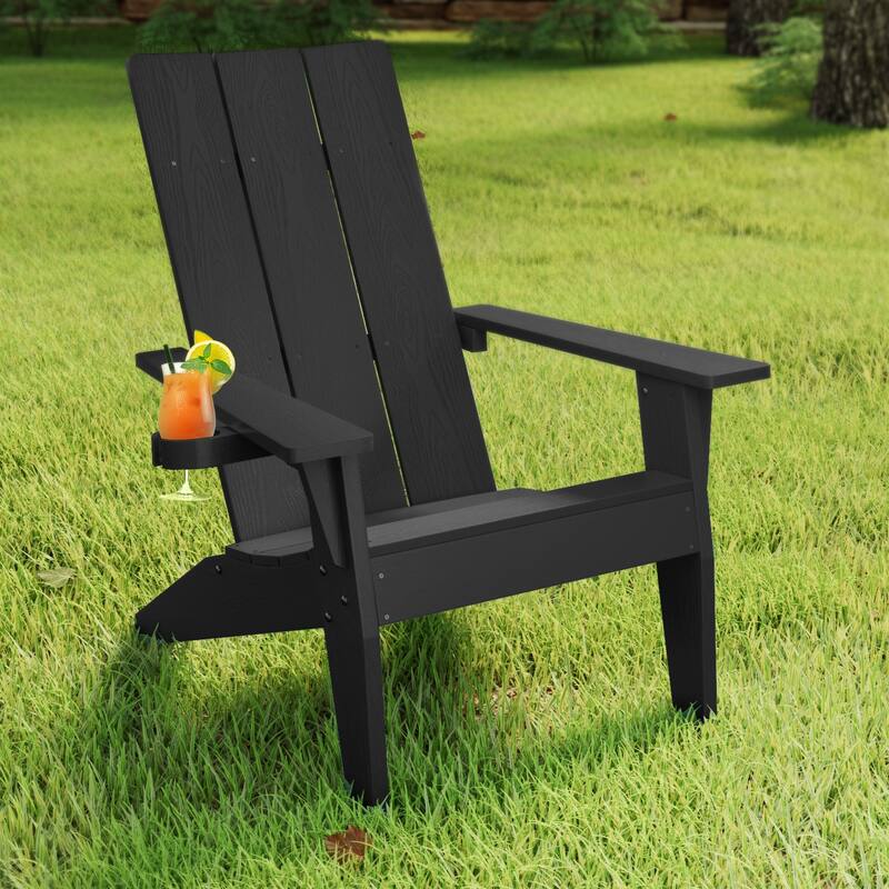 WINSOON Adirondack Chair Weather Resistant with Cup Holder - Black
