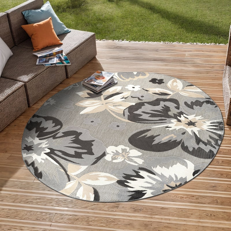 Bergamo Contemporary Floral Indoor/Outdoor Area Rug - 8' ROUND - Gray