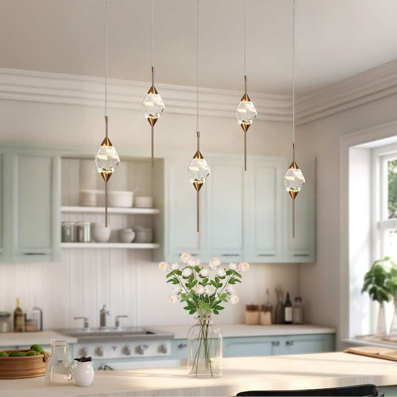 Modern Gold LED 5-Light Crystal Island Chandelier for Kitchen Island