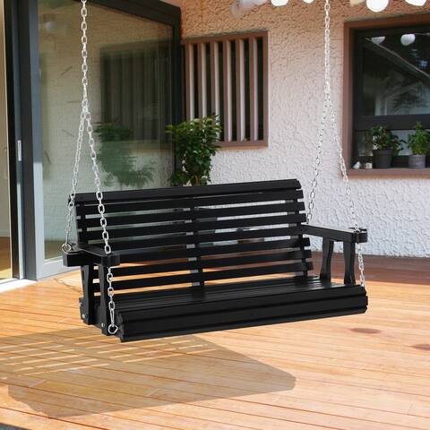 Outsunny 2-Person Outdoor Porch Swing Bench with 2 Built-In Cup Holders, Slatted Design, & Chains Included