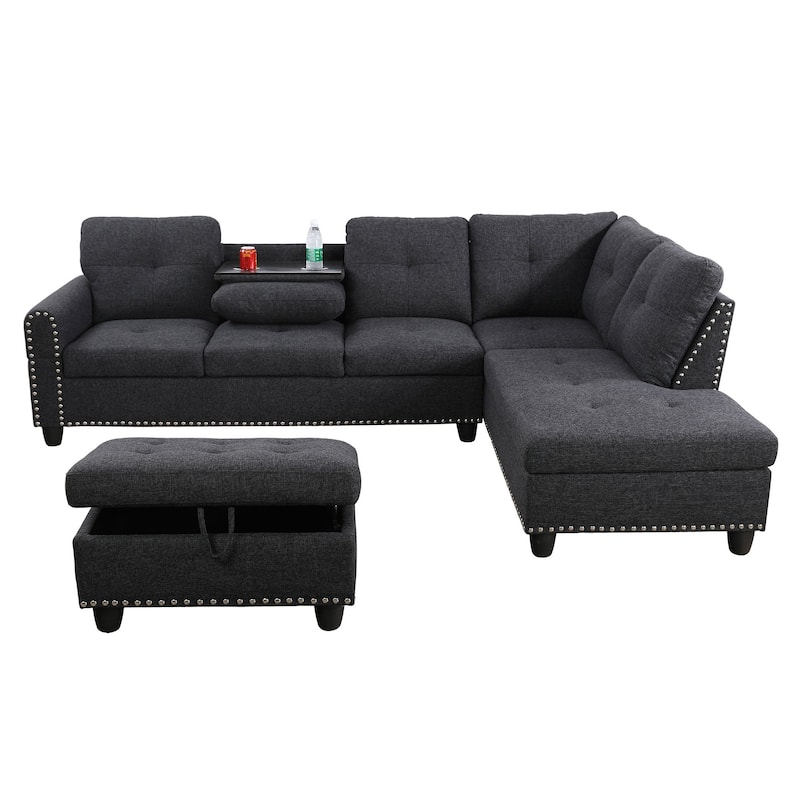 Black Grey Linen 3-Piece Sofa Living Room Sofa Set - Black