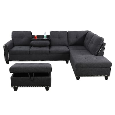 Black Grey Linen 3-Piece Sofa Living Room Sofa Set