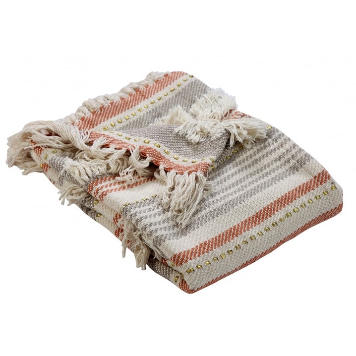 60" X 50" Beige Woven Cotton Striped Throw Blanket with Fringe