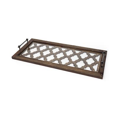 Medium Brown Wood With Metal Quatrefoil Pattern Glass Bottom Tray Medium Brown Wood With Metal Quatrefoil Pattern Glass Bottom Tray