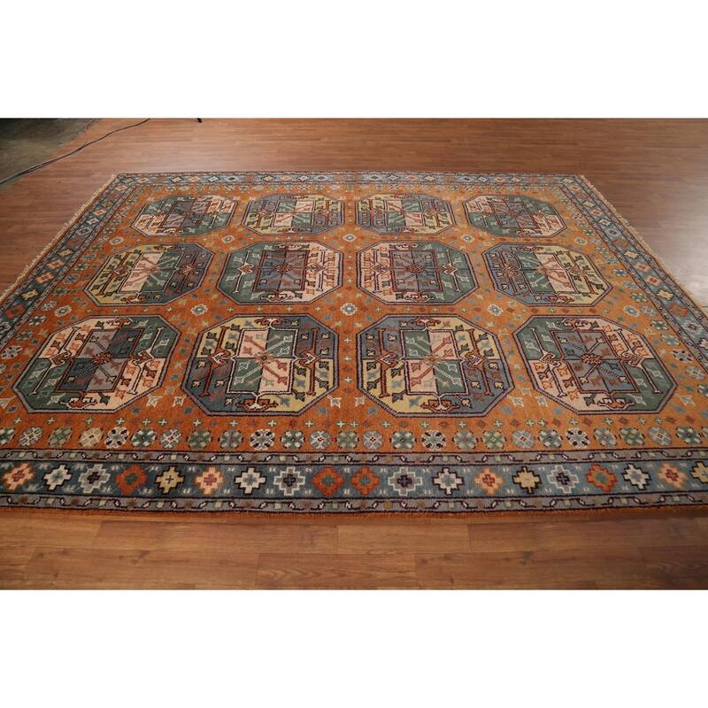 Orange Geometric Khotan Oriental Area Rug Hand-Knotted Wool Carpet - 8'0"x 10'1"