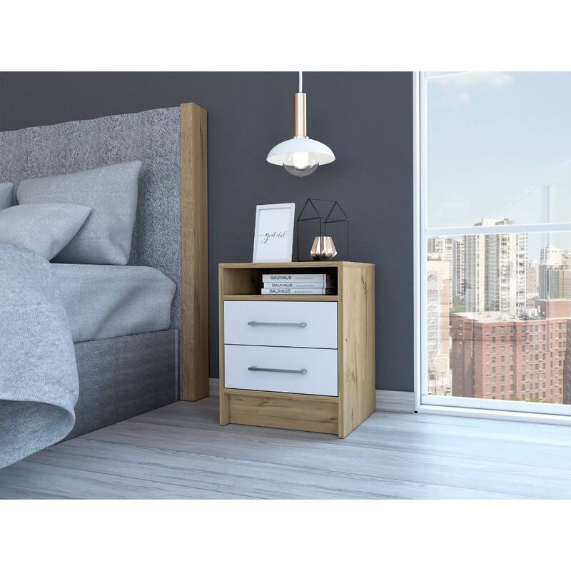 Modern Nightstand with Two Drawers and Top Shelf, White and Light Oak Finish - Multicolor