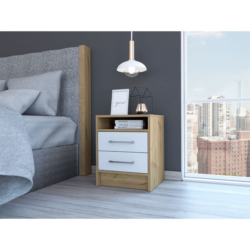 Modern Nightstand with Two Drawers and Top Shelf, White and Light Oak Finish