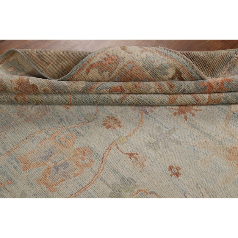 Blue Vegetable Dye Oushak Turkish Rug Hand-Knotted Floral Wool Carpet - 9'2"x 12'3"
