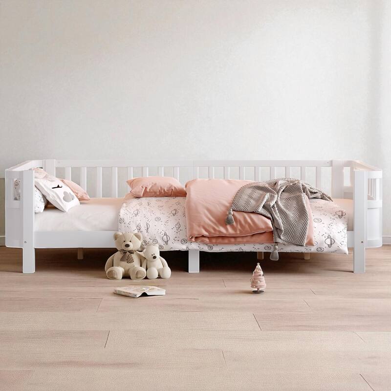 Wood Platform Bed with Guardrails & Detachable Fence, Twin/Full/Twin XL/Queen Size Kids Bed, Safety Design, No Box Spring