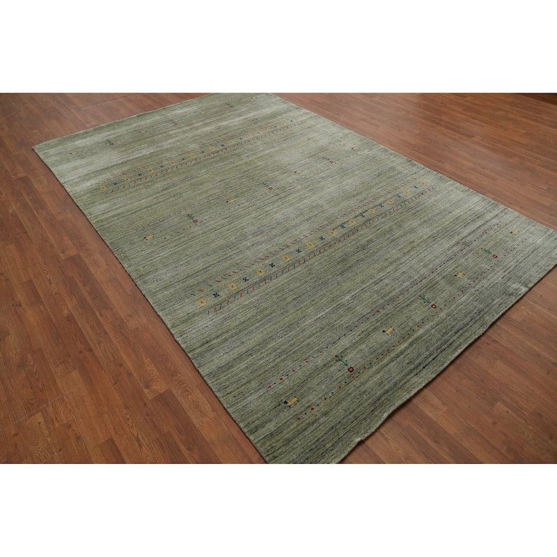 Green Wool Tribal Gabbeh Oriental Area Rug, Handmade Modern Carpet - 9' 10'' X 6' 6''