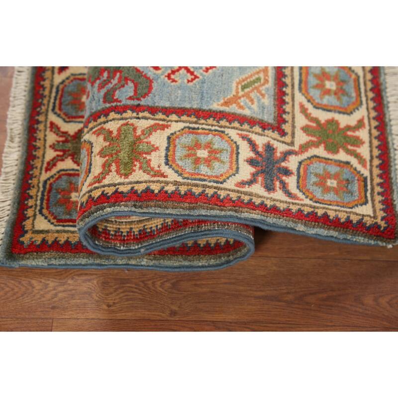 Light Blue Geometric Kazak Oriental Accent Rug Handmade Wool Carpet - 2'1"x 2'10"