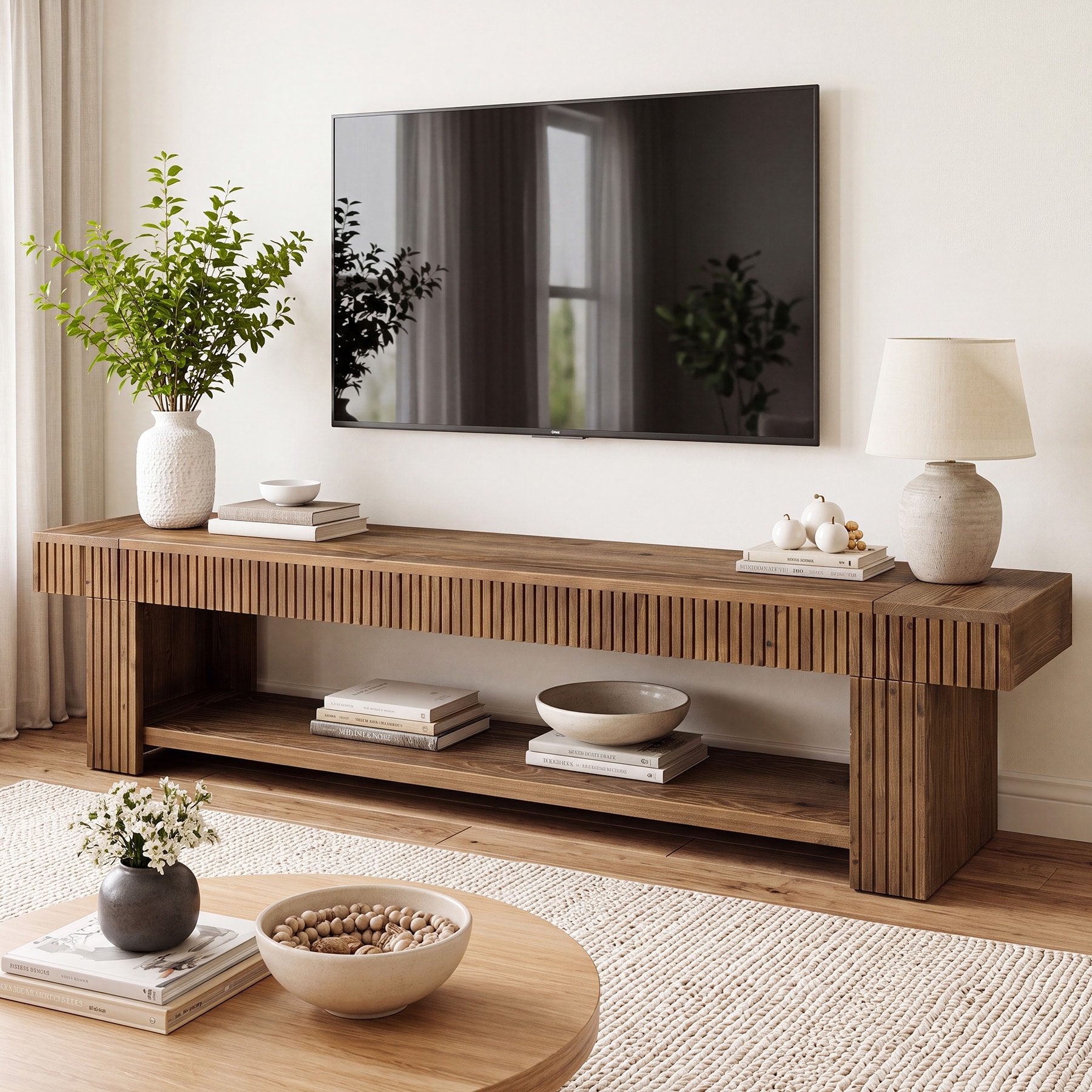 71 Inch Solid Wood TV Stand with Storage Shelf, Fluted Media Console, Long Low TV Cabinet for Living Room Bedroom