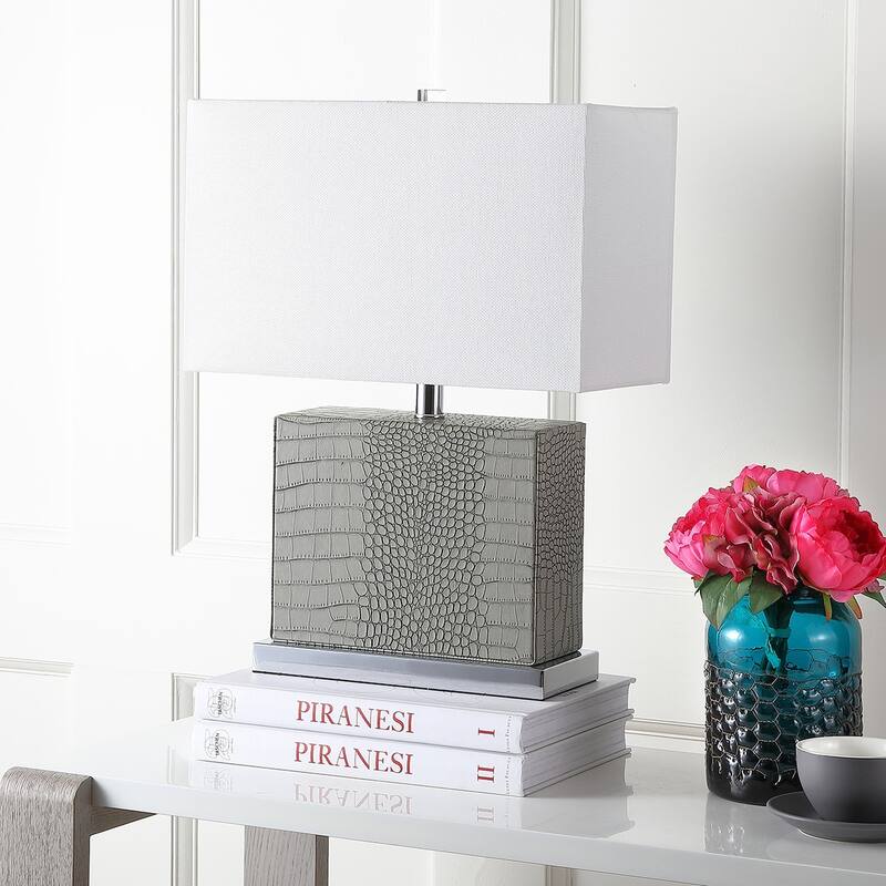 SAFAVIEH Lighting Rocio 21-inch Faux Alligator Grey Table Lamp - 15"x8"x20.5" - 15Wx8Dx21H - Grey