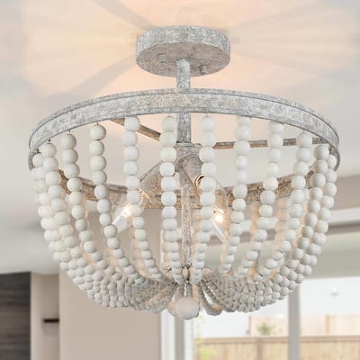 Allisa Wood Beaded 3-Light 16" Farmhouse Boho Semi Flush Mount Ceiling Light - D16" x H13.5"