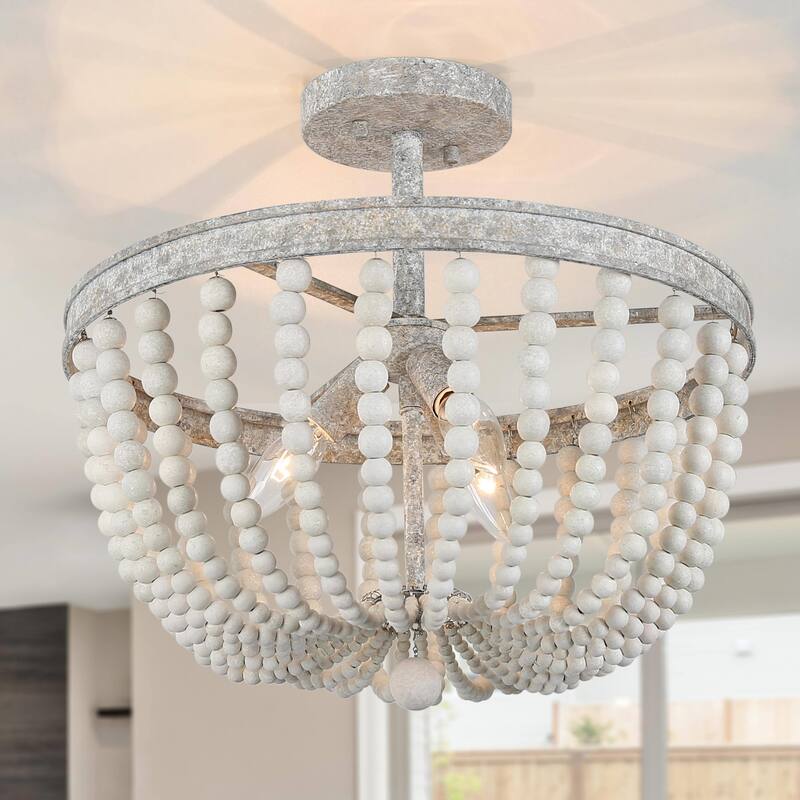 Farmhouse 3-Light Wood Beaded Semi Flush Mount Coastal Ceiling Light - D16" x H13.5"