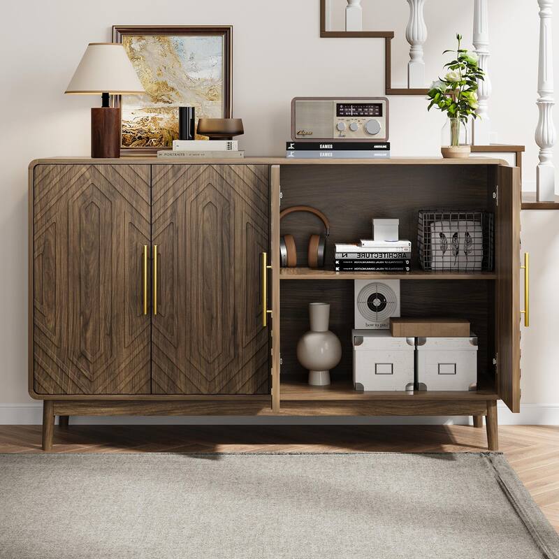 4 Door Carved Sideboard Cabinet with Curved Edges, Multifunctional Wood Storage Cabinet, Accent Cabinet with Adjustable Shelves