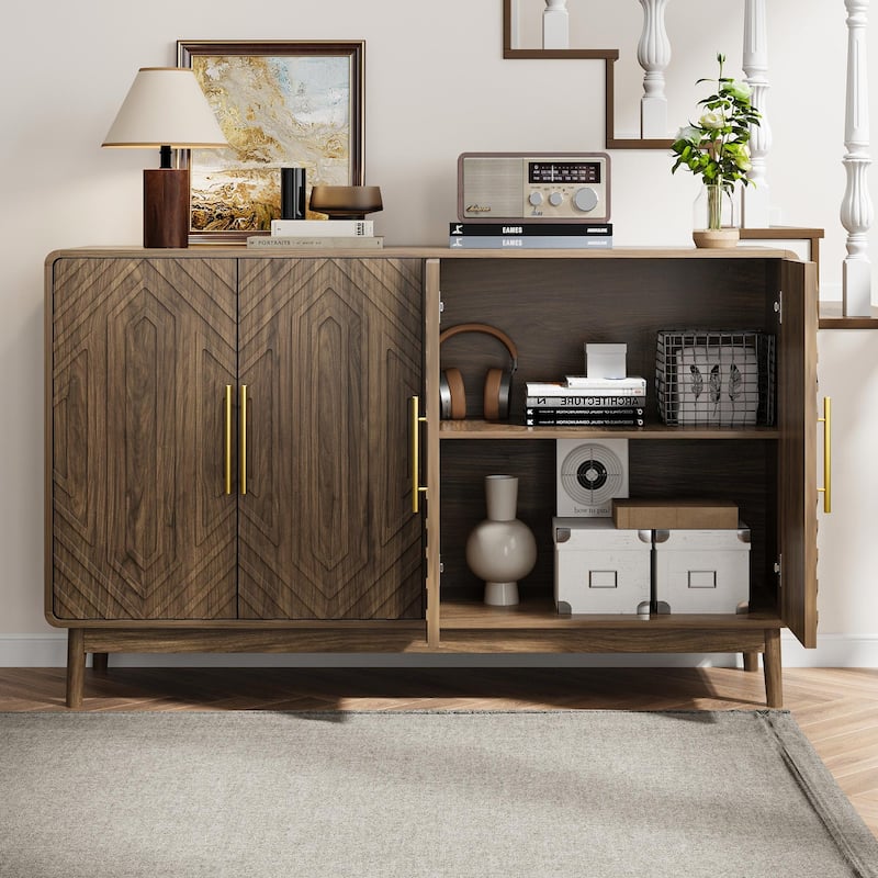 Four-Door Ornate Storage Sideboard with Adjustable Shelves, Versatile Accent Cabinet .