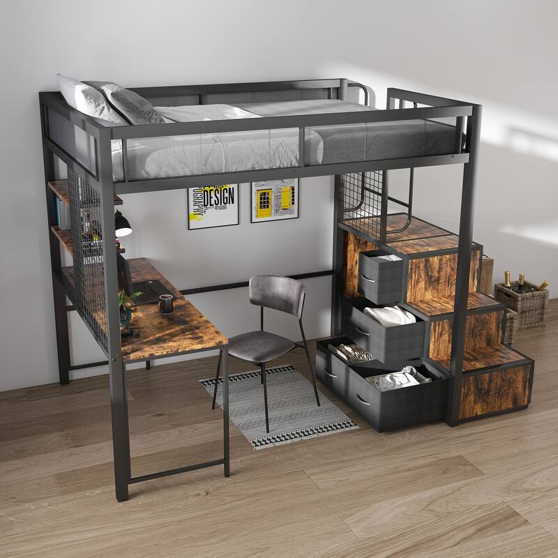 Full Loft Bed with Desk, USB Charging, Storage Drawers & Staircase - Space-Saving Black Design for Adults/Teens