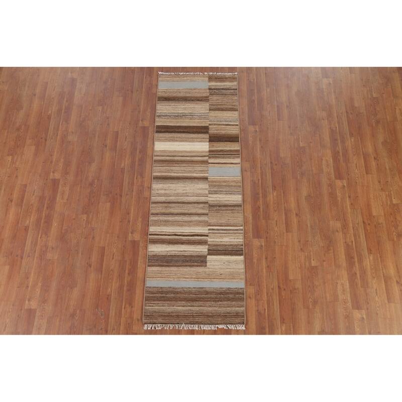 Striped Kilim Modern Runner Rug Flat-weave Wool Carpet - 2'7" x 7'0"