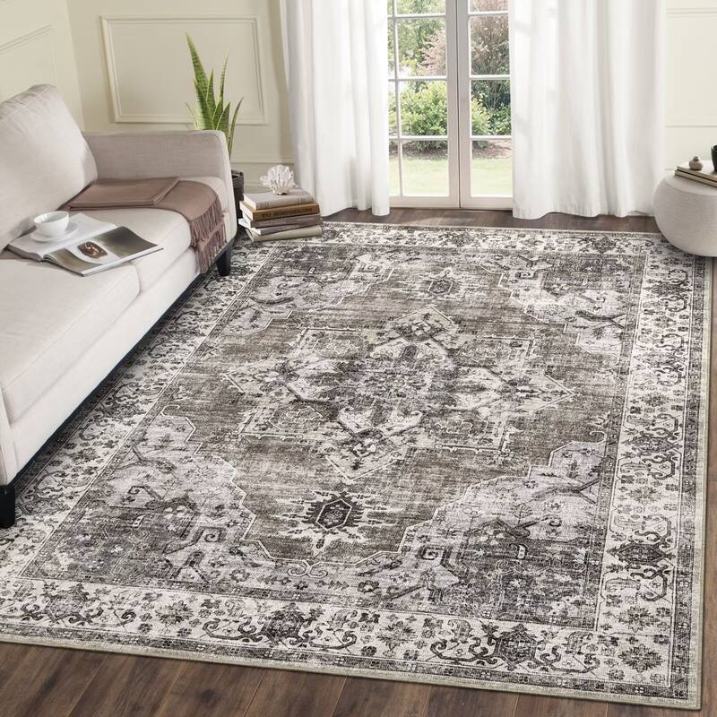 Vintage Rugs for Living Room, Medallion Print Soft Non Slip Low Pile Floor Carpet