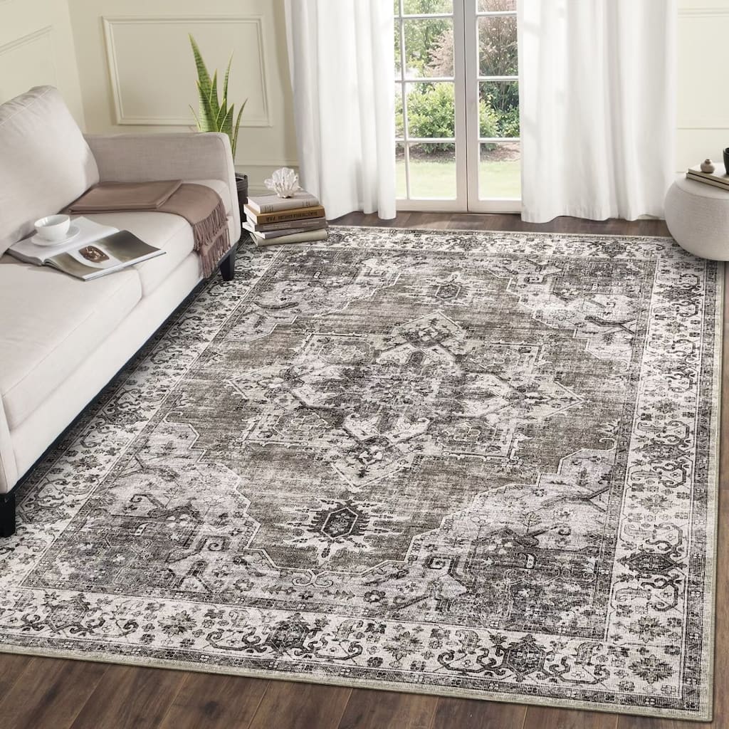 Vintage Rugs for Living Room, Medallion Print Soft Non Slip Low Pile Floor Carpet