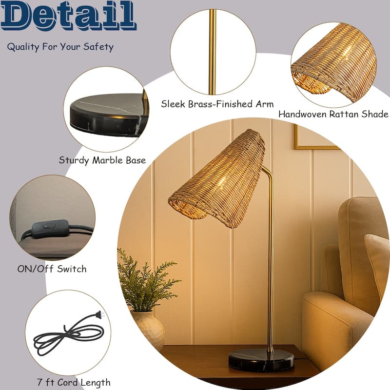 22'' Farmhouse Handwoven Rattan Table Lamp Antique Brass Finish Black Marble Base Rustic Nightstand Lamp For Bedroom Living Room