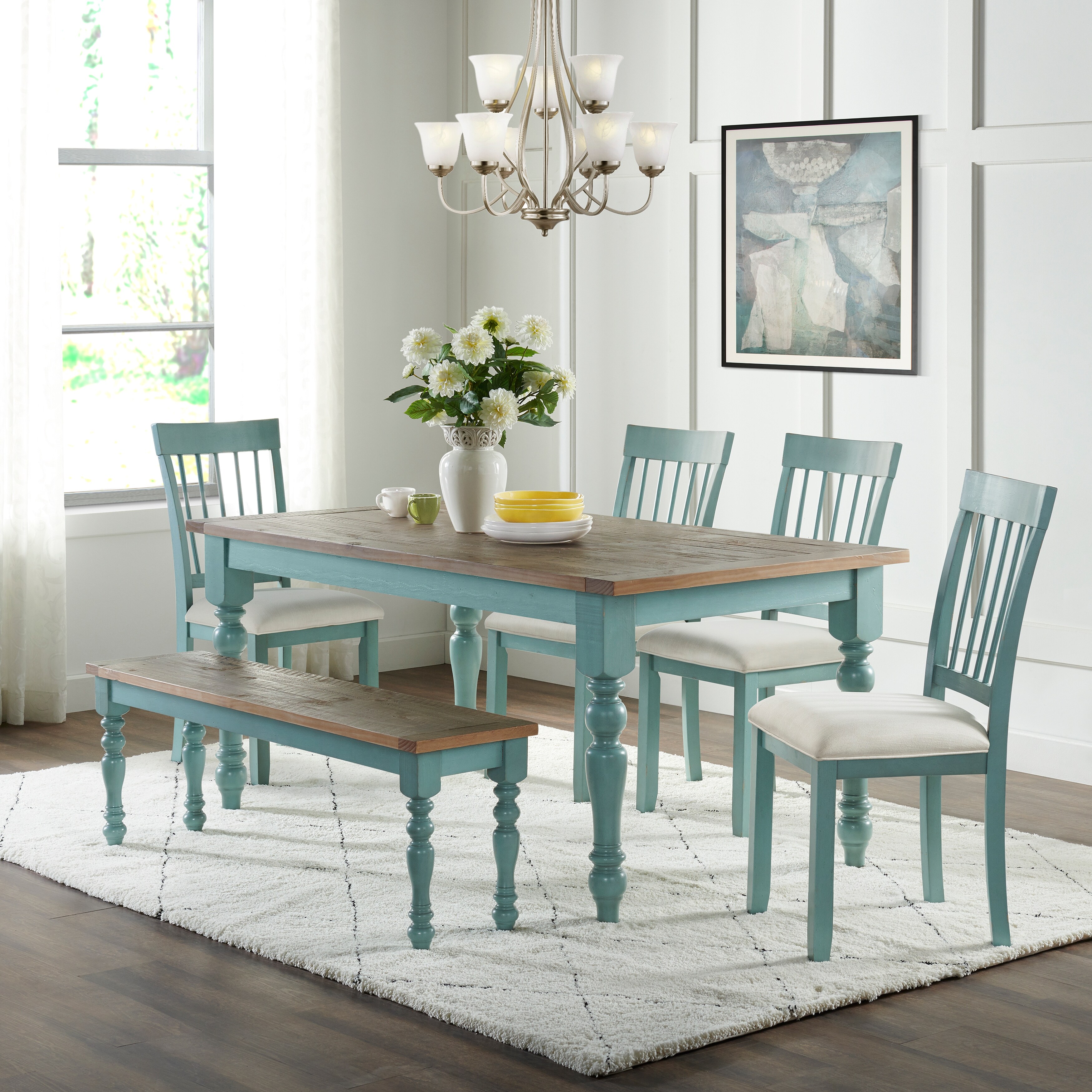 Shop Blue Farmhouse Wood Dining Table With Natural Top On Sale