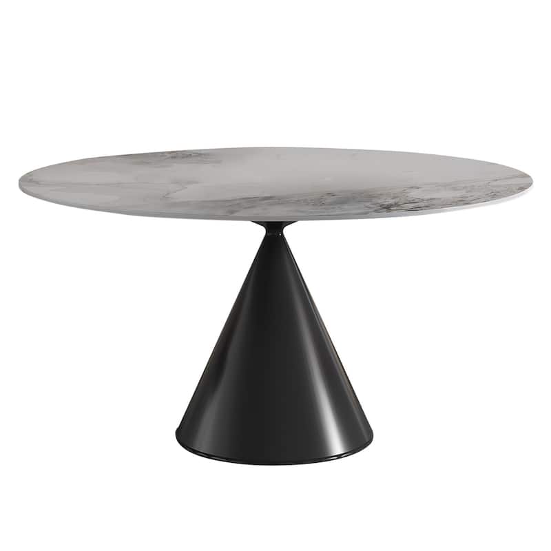 Modern Round Stone Top Black Titanium Stainless Steel Pedestal Dining Table - 4 Seats - Grayish White