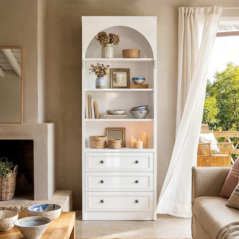 Modular White Bookcase with LED Lights & Glass Doors, 86.6" Tall Arched Display Cabinet Solid WoodStorage Cabinet