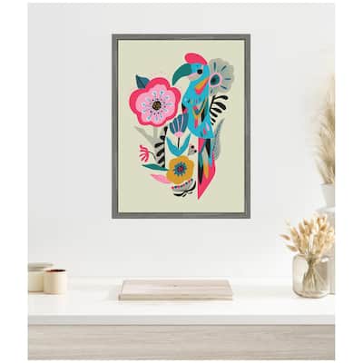 Kate and Laurel Sylvie Bright Teal and Pink Floral and Parrot Framed Canvas by Rachel Lee