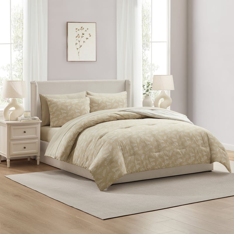 Empyrean 7 Pc Botanical Comforter Set with Sheets, Soft Breathable Lightweight Bedding Bag - Oatmeal/Offwhite - Full