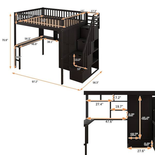 dimension image slide 0 of 3, Full Size Solid Wood Frame Loft Bed with Bookshelf, Drawers, Desk and Wardrobe