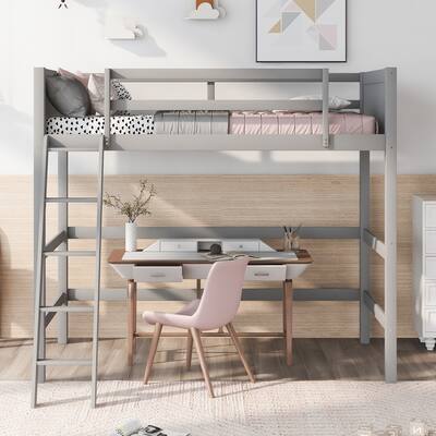 Solid Wood Twin Size Loft Bed with Ladder & Safety Guardrail, Grey