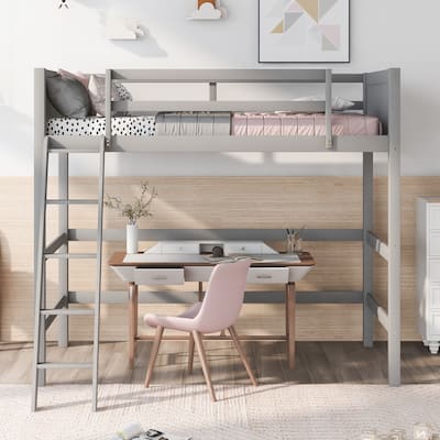 Twin Size Solid Wood Loft Bed with Ladder, 14 Slats, No Box Spring Needed