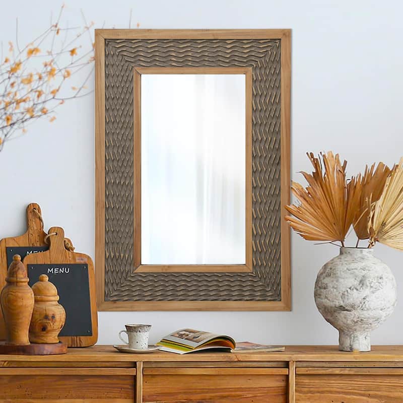 Rustic Farmhouse Wall Mirror, Natural Wood Decorative Vanity Mirror for Bedroom, Living Room, Bathroom, Entryway