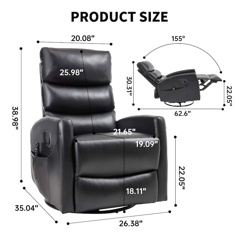 360° Swivel Rocking Recliner with Heat & Massage in Faux Leather