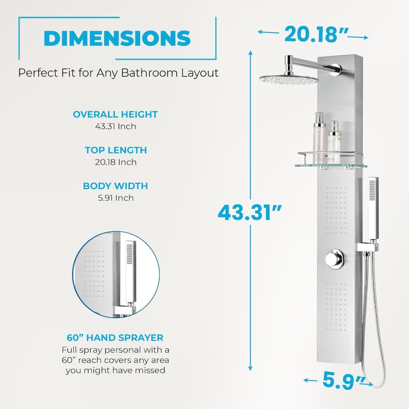 ANZZI Coastal Full Body Shower Panel with Heavy Rain Shower in Brushed Steel