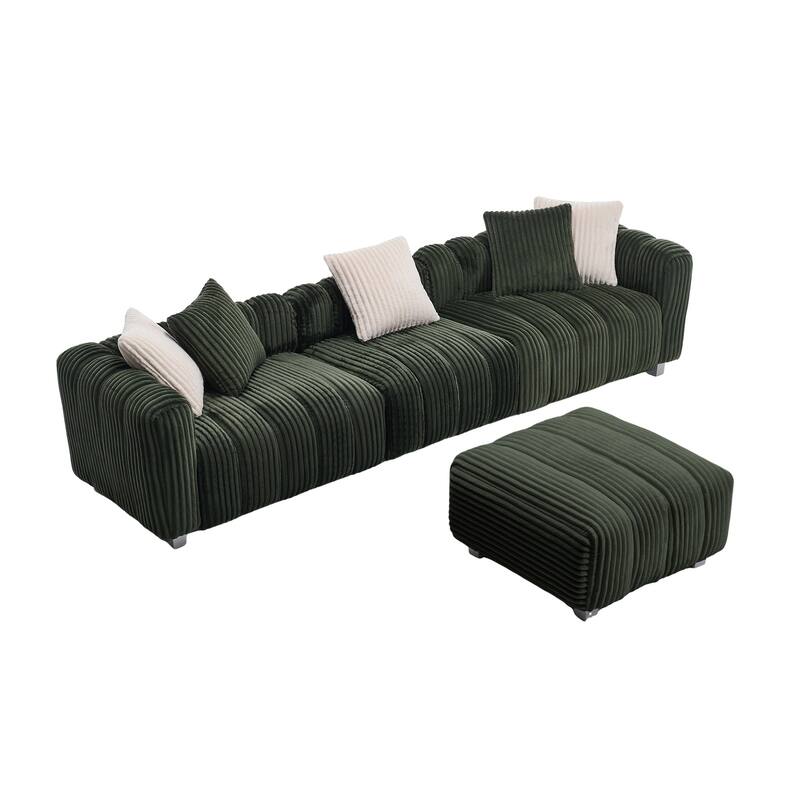 114.2" Corduroy 3-Seater Sectional Sofa with Ottoman & Wood Frame - Green