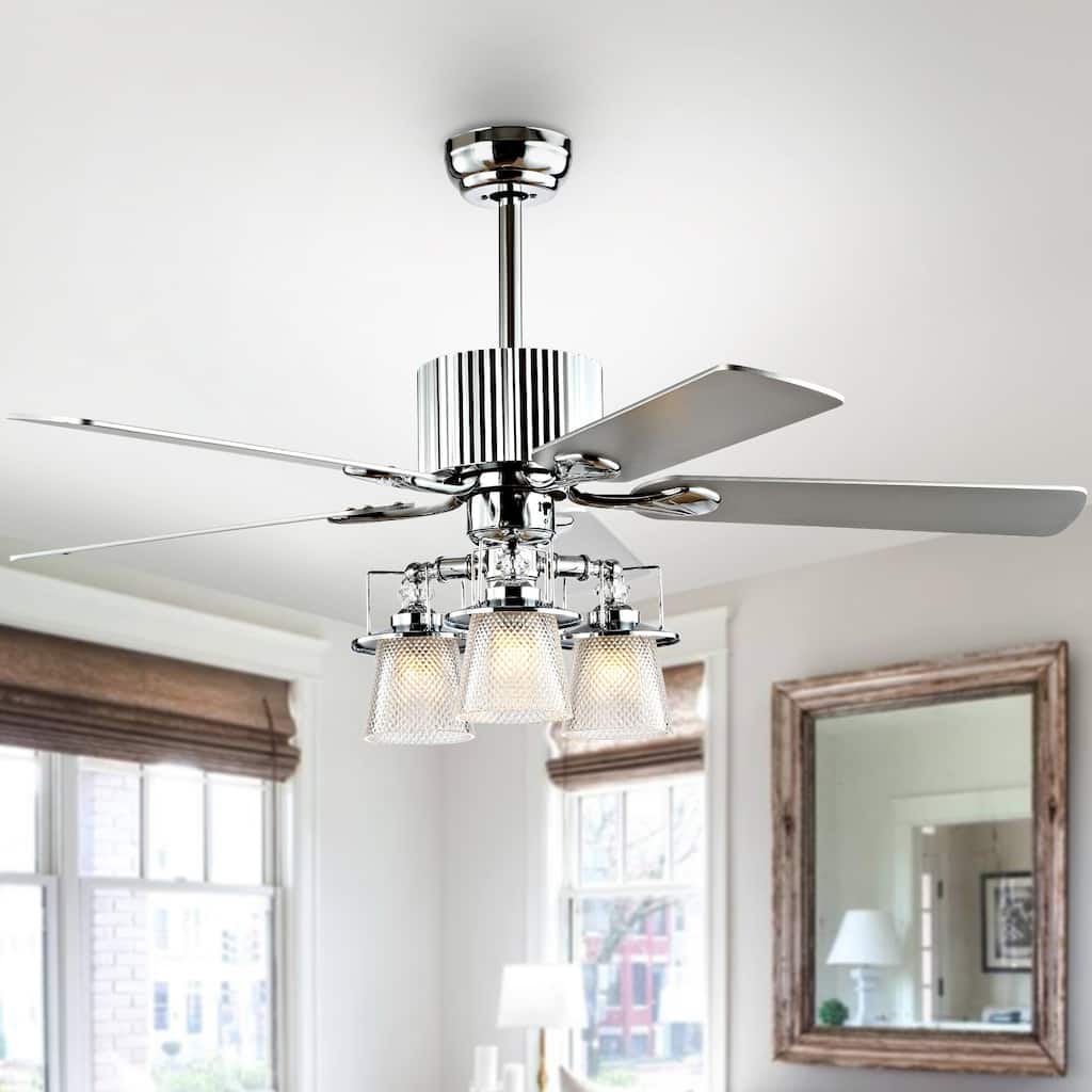 SAFAVIEH Lighting Dola 52-inch Ceiling Light Fan (with Remote) - 52" W x 52" L x 26" H - Silver/White Maple - 52Wx52Dx26H