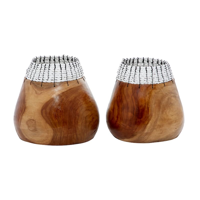 Brown Wood Handmade Vase with Black or White Seagrass Accents (Set of 2)